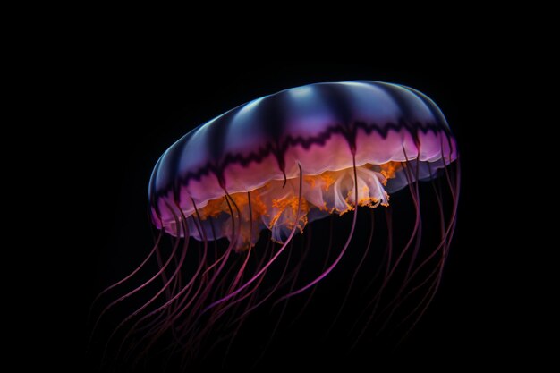 A jellyfish is shown in a black background