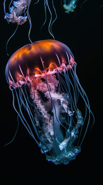 A jellyfish is shown in a black background.