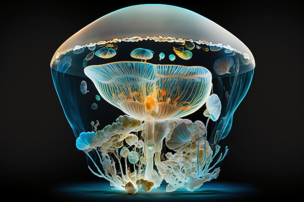 A jellyfish is shown in a clear glass container.