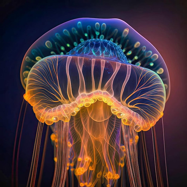 A jellyfish is shown in a dark background.