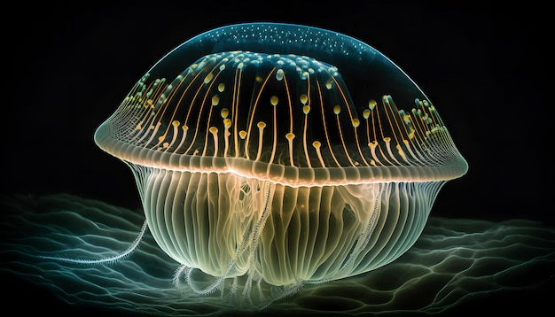 A jellyfish is shown in a dark room.