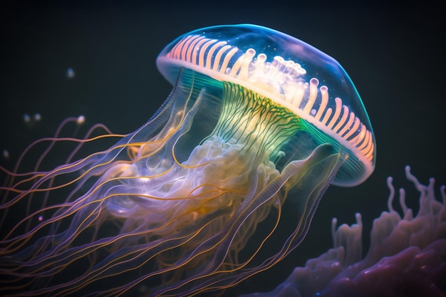 A jellyfish is shown in the dark.