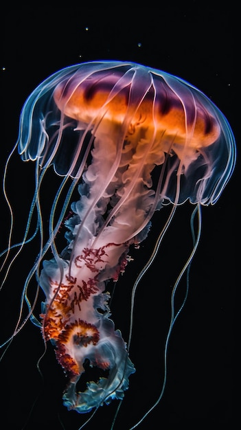 A jellyfish is shown in the dark.