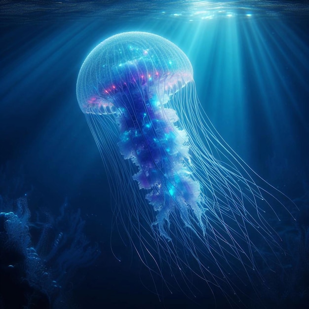 a jellyfish is swimming in an ocean with the light shining through the water