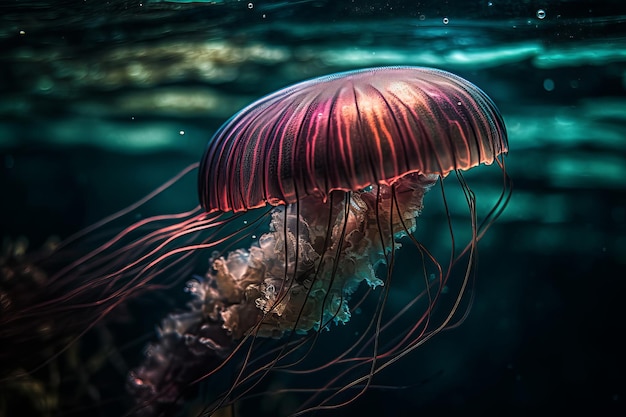 A jellyfish is swimming in the ocean.