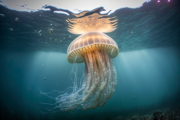 A jellyfish is swimming under water with the light shining on it