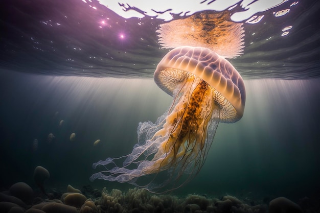 A jellyfish is swimming under water with the light shining on it