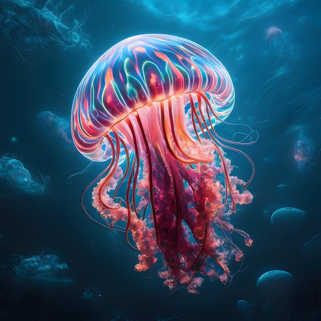 a jellyfish is under water and has a colorful design