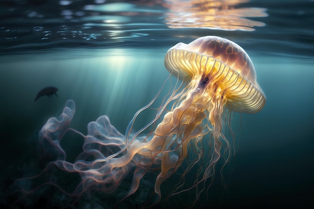 A jellyfish moves near the surface of the sea seen underwater Ai generated