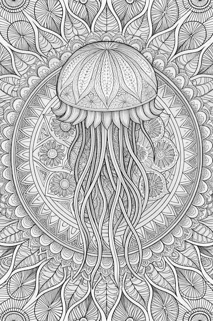 Photo jellyfish sea creature mandala coloring page for adults clean line art with mandala background