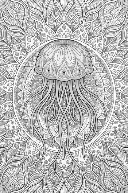 Photo jellyfish sea creature mandala coloring page for adults clean line art with mandala background