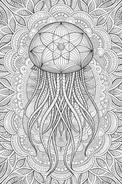 Photo jellyfish sea creature mandala coloring page for adults clean line art with mandala background