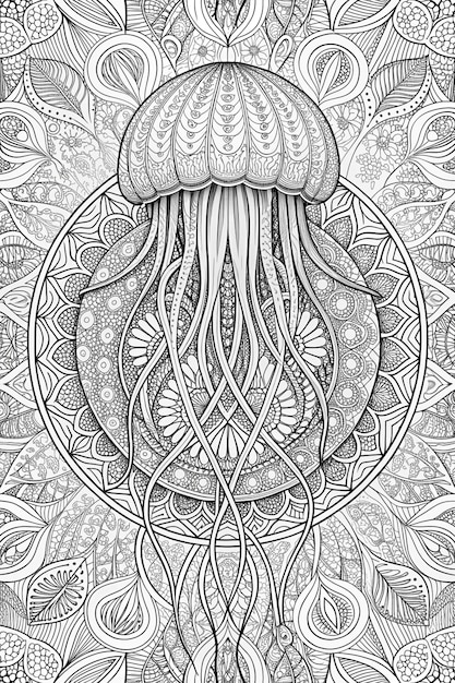 Jellyfish Sea Creature Mandala Coloring Page for Adults Clean Line Art with Mandala Background