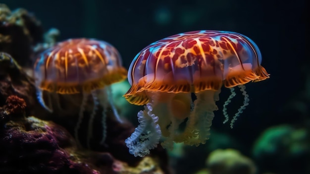 Jellyfish in a tank with the word jellyfish on the bottom