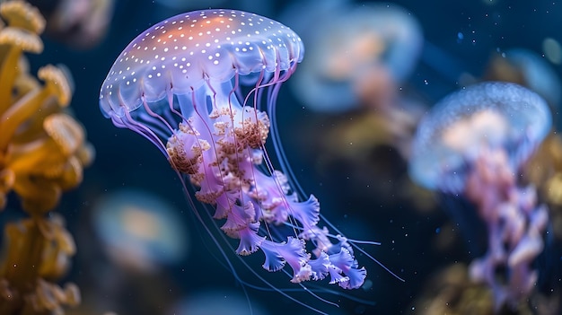 A jellyfish with a purple body and blue tentacles is swimming in water with blue color