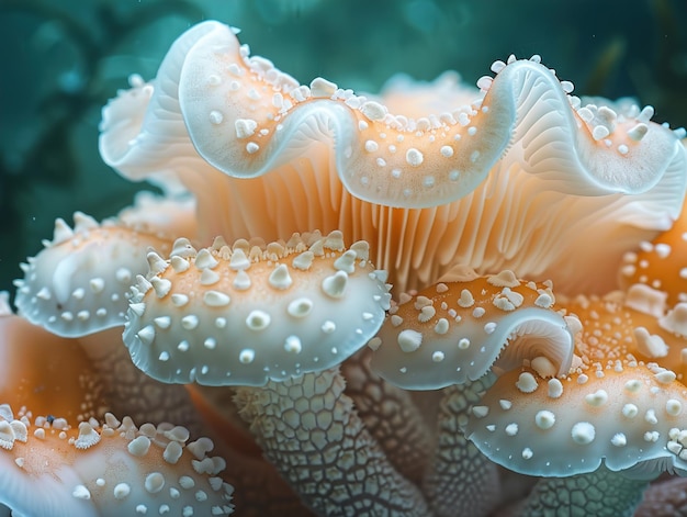 a jellyfish with white dots on its head is shown