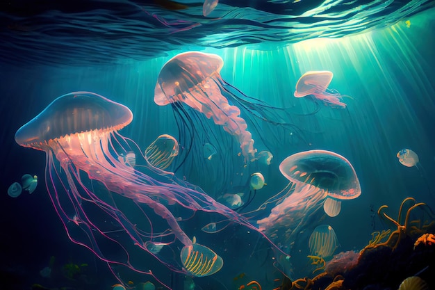 Jellyfishes Swimming In Sea Generative Ai