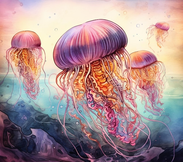 jellyfishs floating in the ocean with bubbles of water generative ai