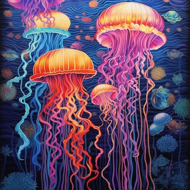 Jellyfishs in the ocean painting by artist susan schlett generative ai