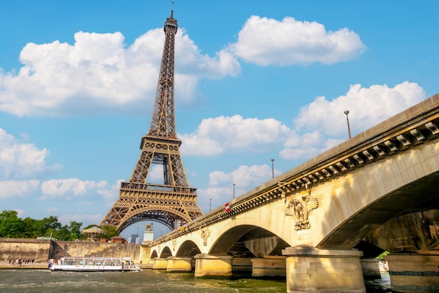 Jena Bridge and Eiffel Tower in the Sunny Weather