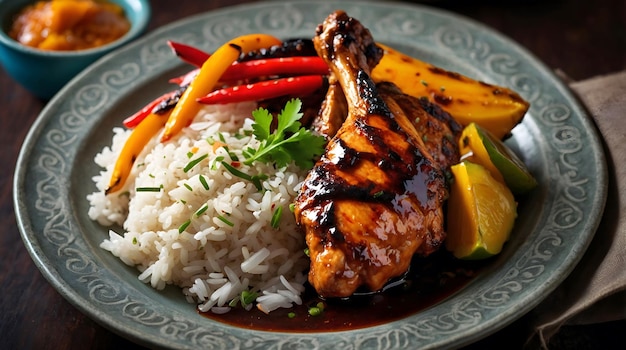 Jerk Chicken Delicious Grilled Jerk Chicken on a Plate with Rice and vegetable