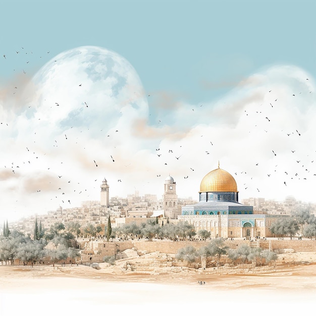 Jerusalem Al Aqsa Mosque AlQuds AlSharif old city historical illustration background Generative AI