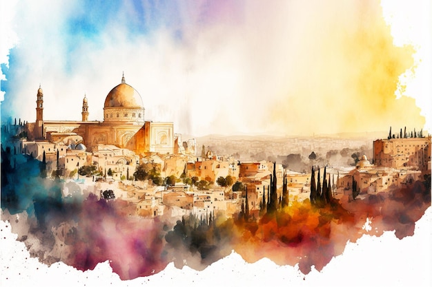 Jerusalem city watercolor panoramic