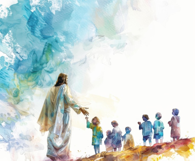 Jesus Blessing Children in Serene Watercolor Artwork