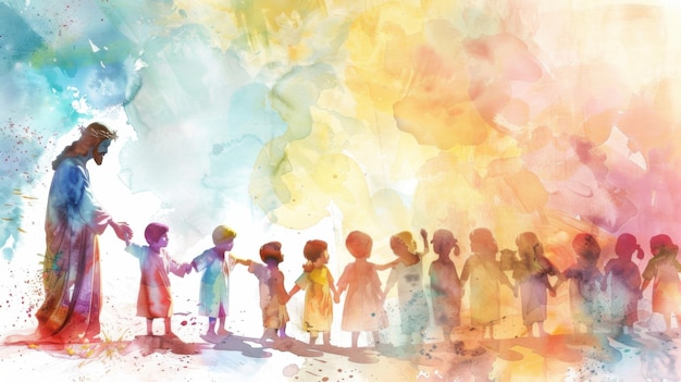 Jesus Blessing Children in Serene Watercolor Artwork