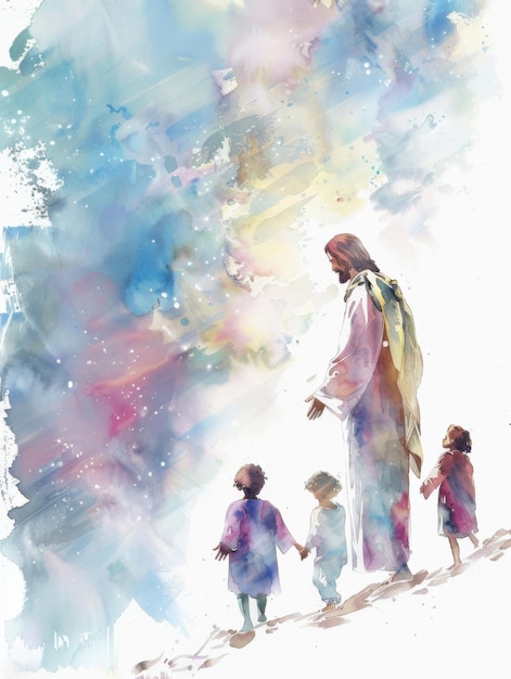 Jesus Blessing Children in Serene Watercolor Artwork