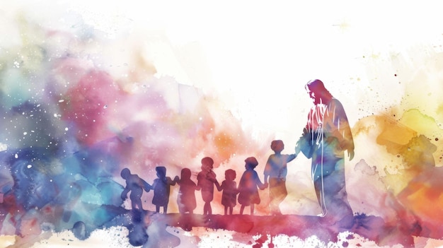 Jesus Blessing Children in Serene Watercolor Artwork