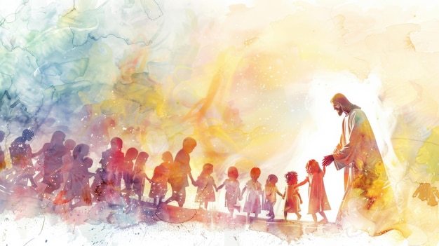 Jesus Blessing Children in Serene Watercolor Artwork