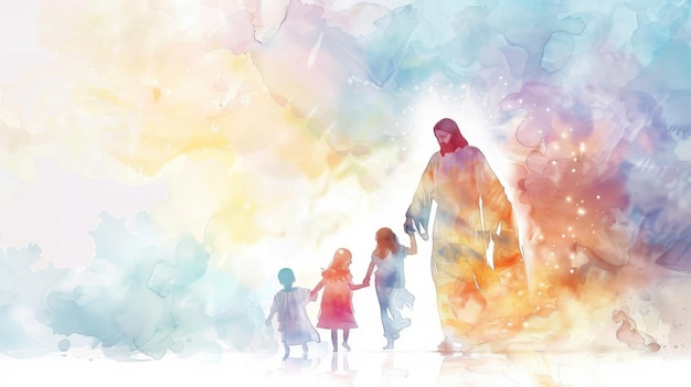 Jesus Blessing Children in Serene Watercolor Artwork