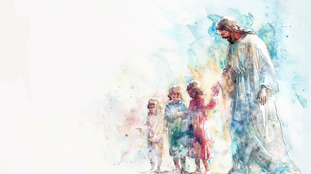 Jesus Blessing Children in Serene Watercolor Artwork