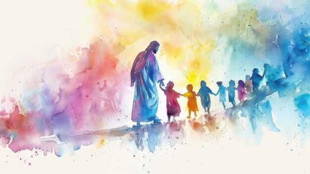 Jesus Blessing Children in Serene Watercolor Artwork