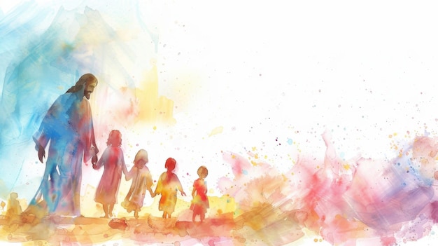 Jesus Blessing Children in Serene Watercolor Artwork