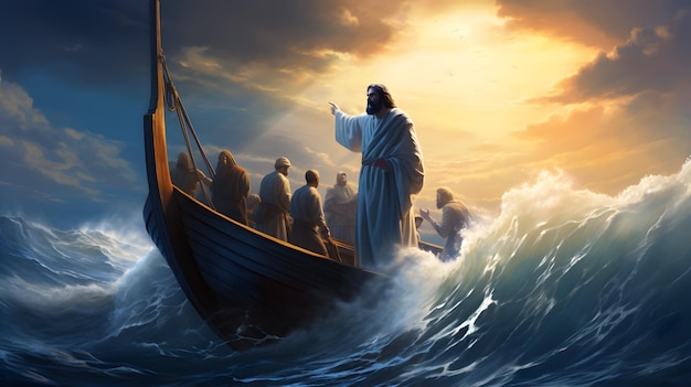 Jesus Christ on the boat calms the storm at the sea