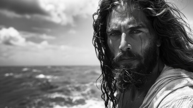 Photo jesus christ by the ocean in a white robe with long hair under dramatic skies