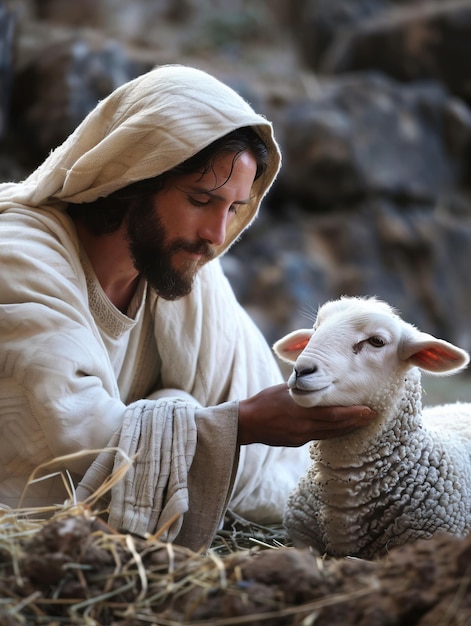 Photo jesus christ cares for the weakened lamb on a blurred background