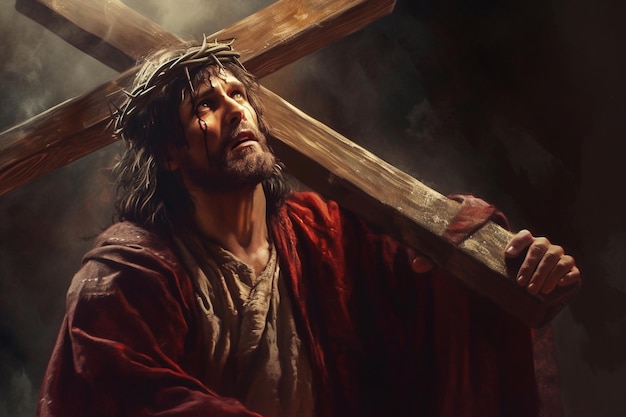 Jesus Christ carries his cross to Golgotha Bible Faith Torment and suffering Giving his life for our sins The hard way Christian symbol of faith Calvary God Generative AI