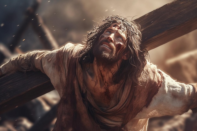 Jesus Christ carries his cross to Golgotha Bible Faith Torment and suffering Giving his life for our sins The hard way Christian symbol of faith Calvary God Generative AI