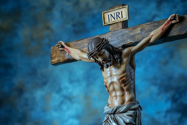 Photo jesus christ on the cross realistic photo on the plaque at the top of the cross it says inri blue background ar 32 v 61 job id 20c60ff9e5f548e69babb670bf8147fc