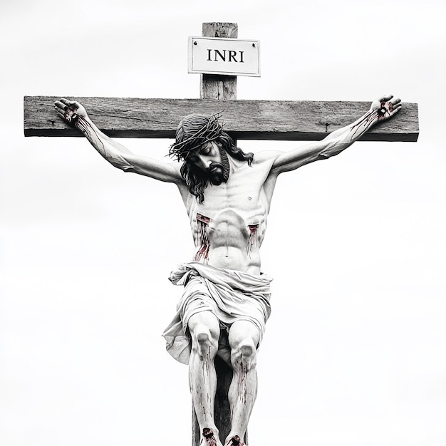 Photo jesus christ on the cross realistic photo on the plaque at the top of the cross it says inri white background v 61 job id 2db5a4c6d5284d009bc269a28585edf0