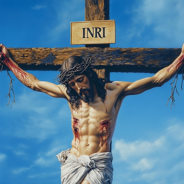 Photo jesus christ on the cross realistic photo on the plaque at the top of the cross it says inri