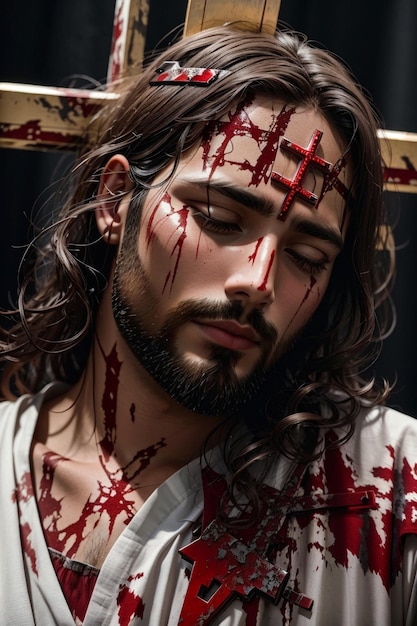 Jesus Christ on the Cross suffering and bleeding