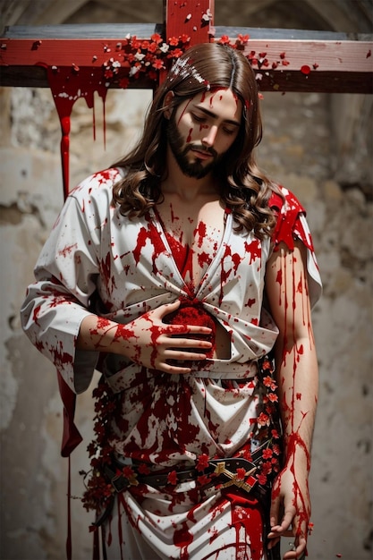 Jesus Christ on the Cross suffering and bleeding