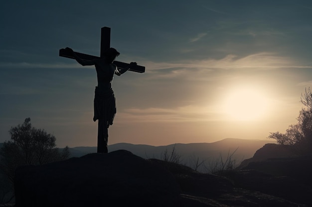 Jesus Christ crucified on cross on Mount Golgotha Died for the sins of mankind son of God Bible faith christmas catholic religion christian happy easter praying good friday Generative AI