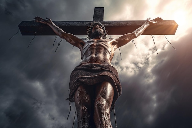 Jesus Christ crucified on cross on Mount Golgotha Died for the sins of mankind son of God Bible faith christmas catholic religion christian happy easter praying good friday Generative AI