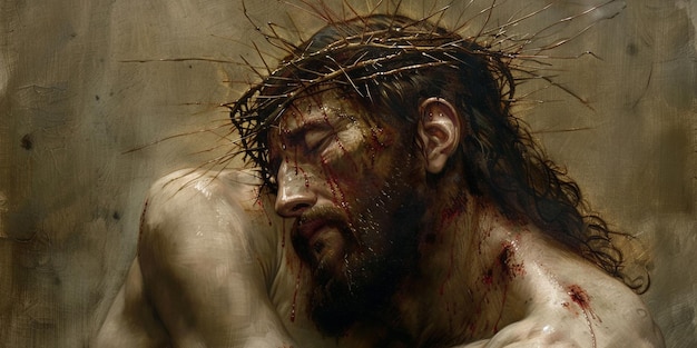 Jesus Christ Crucified Wearing Crown of Thorns Symbolizing Passion and Resurrection on Good Friday