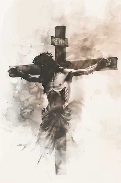 Photo jesus christ crucifixion scene on cross with brown beige background minimalist watercolor style